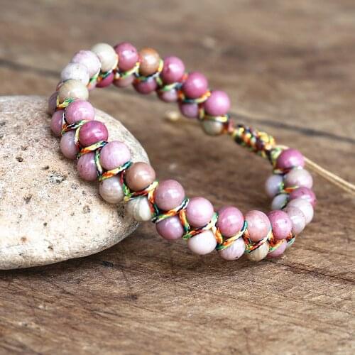 6mm Natural Rhodonite Double Layer Beads Braided Bracelet Women Fashion Jewelry Handmade Yoga Boho Strand Charm Bracelet