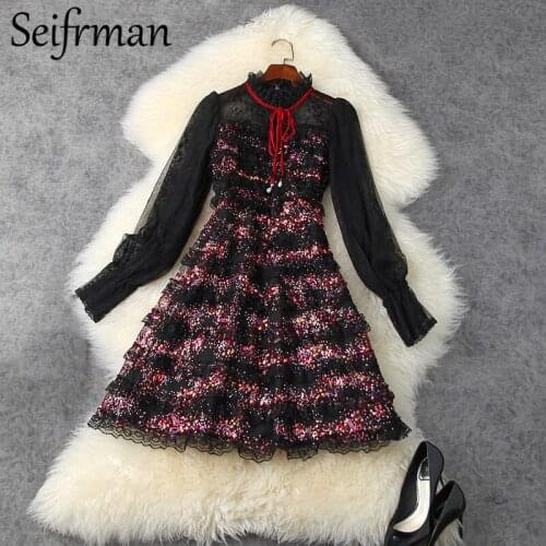 Seifrmann Women Spring Fashion Runway Party A-Line Dress Lantern Sleeve Lace Bow Sequined High Waist Ladies Midi Dresses 2021