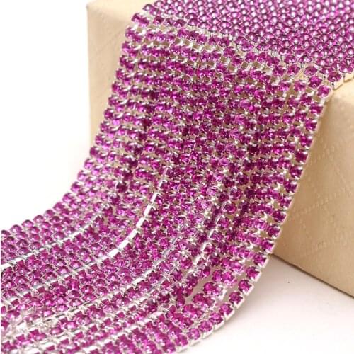 10Yards Dyeing Deep Hot Pink DIY Rhinestone Chain Silver Hand Craft Base Claw Crystal Rhinestone Chain Clothing Art Decoration