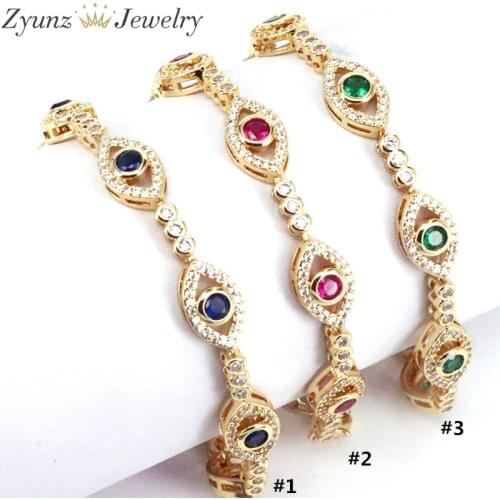 3PCS, Gold Color micro pave cz eye charm beads linked bracelet for girl women fashion jewelry