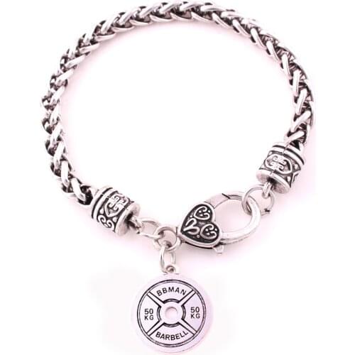 Antique sliver plated 50kg BBMAN BARBELL TRAIN HARD OR GO HOME sporty charm bracelet Lobster-claw-clasps