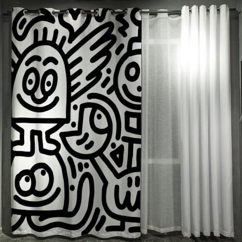 Black White Scrawl Burlap Blackout Curtains for Living Room Modern High Shading Heatproof Door Kitchen Window Drapes Customized
