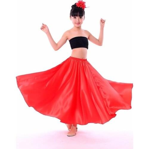 Children Girls Flamenco Skirt Ballroom Belly Dance Costumes Solid Polyester Satin Gypsy Flamenco Skirt Perforance Stage Wear2020