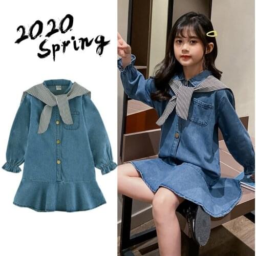 Toddler Baby Girl Jeans Dress Turn-down Collar Denim Clothes Solid Color Children Jeans Shirts Fashion Girls Long Sleeve Dresses