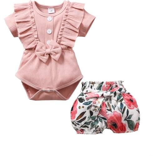 0-18M Newborn Baby Girl Short Sleeve Cotton Bodysuit Tops Floral Shorts Pant 2PCS Outfits Summer Clothes Set