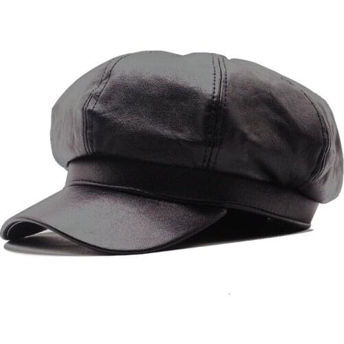 100% pu Leather Newsboy Cap women Winter Berets Hat Black Brown Vintage Brand Octagonal Cap For Men Flat Cap