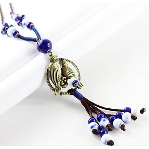 Fashion Women Ceramic Tassel Pendant Necklace Vintage Style Handmade DIY Bird Long Rope Sweater Chain Accessories