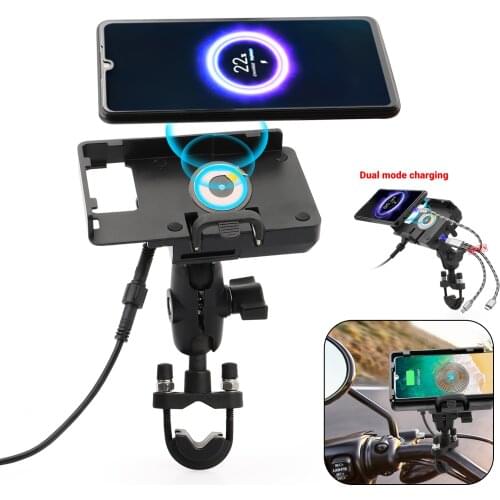 Motorcycle mobile phone holder wireless/USB fast charger holder U-bolt universal For Bars Rails 0.5" - 1.25" in Diameter Compat