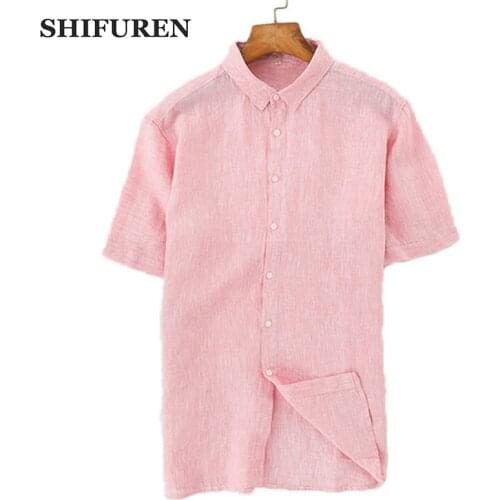SHIFUREN 2019 New Summer Mens Linen Shirts Short Sleeve Breathable Soft Causal Male Social Dress Shirts Tops Turn-down Collar