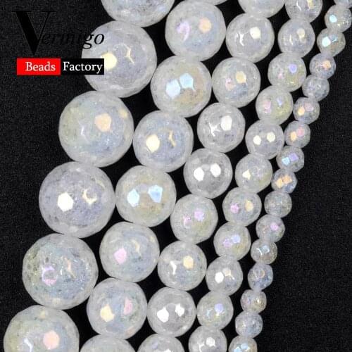 Natural Mineral Stone White Faceted Snow Cracked Crystal AB Beads 4 6 8 10mm Round Beads For Jewelry Making Diy Bracelets 15"