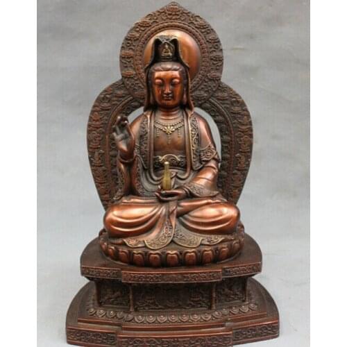 Song voge gem S2514 12" China Chinese Pure Bronze Buddhism Lotus Kwan-yin QuanYin Pot Goddess Statue