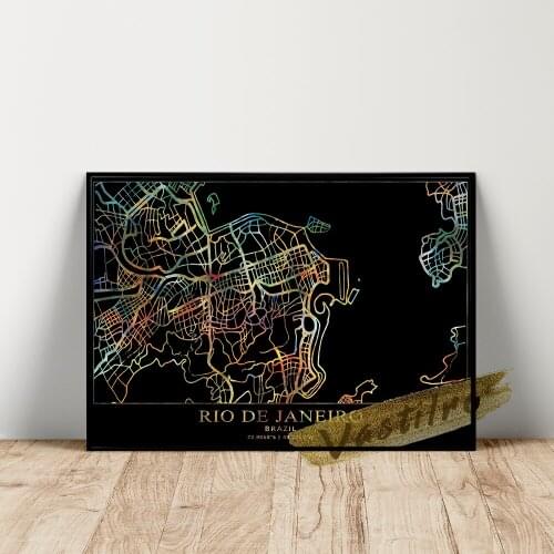 Rio De Janeiro Geographic Position Poster, Black Background Colour Line Location Wall Art, Brazil City Map Art Prints, Idea Gift