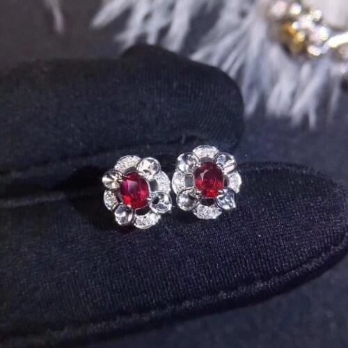 Natural ruby stud earring Free shipping Original real ruby 925 sterling silver 3*5mm*2pcs gemstone For men or women