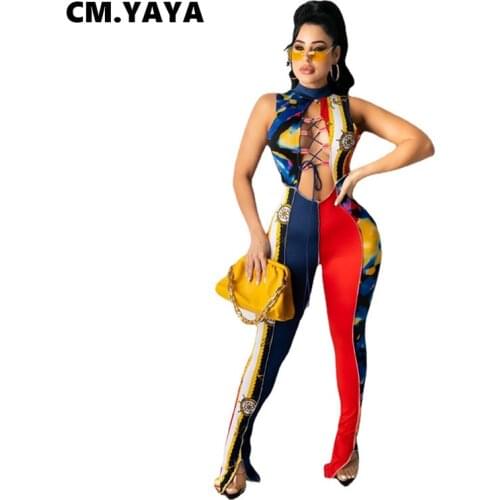CM.YAYA Women Jumpsuit Print Sleeveless O-neck Hollow Out Bandage Sheath Elastic Flare Jumpsuit Female Fashion Sexy Outfit 2021