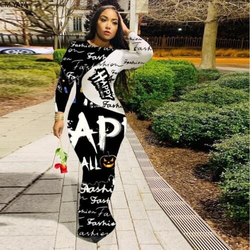 CM.YAYA Autumn Women Letter Print Long Sleeve O-neck Maxi Dress Patchwork High Waist Sexy Club Party Pencil Dresses Vestidos