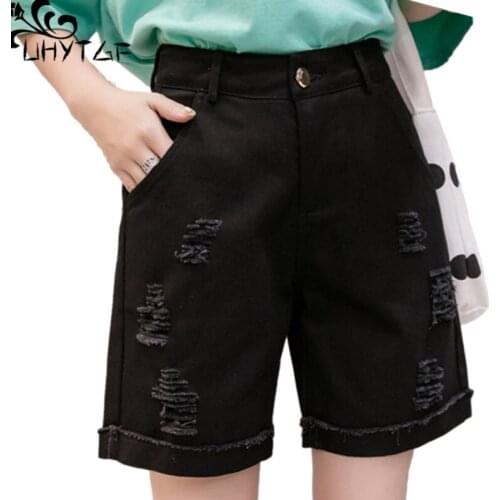 UHYTGF Short Jeans Women High Waist Loose Plus Size Straight Wide Leg Pants Female Fashion Hole Casual Summer Denim Pants 1349