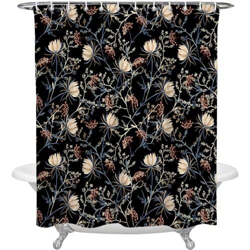 Vintage Flower Snowdrop Plant Black Shower Curtain Waterproof Polyester Fabric Bathroom Curtain Home Bath Curtain with Hook