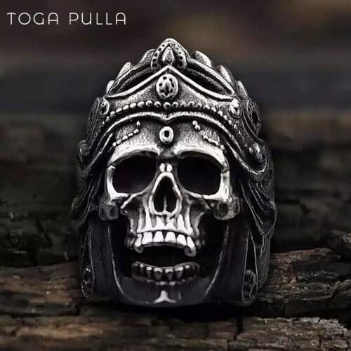 Vintage Gothic Mahakali Helmet Skull Biker Ring Men Boys 316L Stainless Steel Ring Punk Rock Jewelry Gift for Him Size 7 to 14