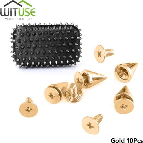 WITUSE 10pcs/lot height10MM/ base: 7mm trendy golden spots cone screw metal studs rivet bullet spikes DIY bags, shoes, jackets