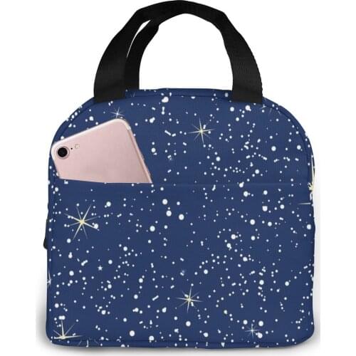 Bright Starry Night Cooler Bag Portable Zipper Thermal Lunch Bag Convenient Lunch Box Tote Food Bag