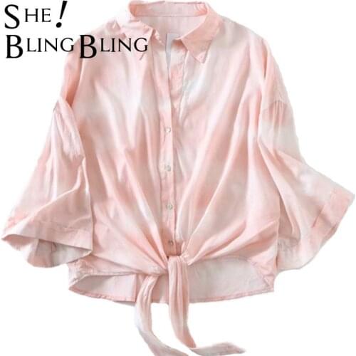 SheBlingBling 2121 ZA summer new womens fashion temperament Pink V-neck draped tie-dye shirt Female Causal Chic Top