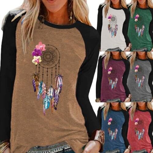 Ladies Casual Raglan Long-sleeved Shirt Fashion Dream Catcher Print Shirt Loose Girls Round Neck Plus Size T-shirt XS-5XL