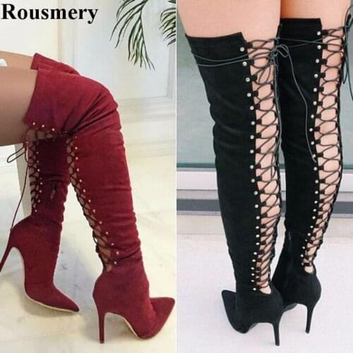 Women Fashion Pointed Toe Black Red Suede Leather Back Cut-out High Heel Over Knee Boots Lace-up Long Gladiator Boots Dress Shoe