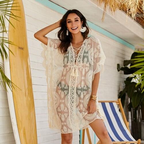 Womens Swimwear 2021 Bikini Dress Floral Lace Hollow Crochet Swimsuit Cover-Ups Bathing Suit Beachwear Tunic Beach Dress Hot