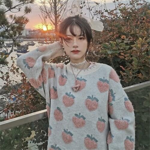 Autumn Winter Women Sweater Loose White Peach Ghost Horse O-Neck Knitted Pullover Outwear Casual Sweet Cute New Vintage Top