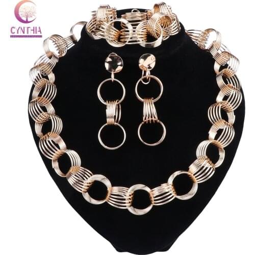 Gold Color Bridal Jewelry Sets For Women Trendy Rhinestone Necklace Bracelet Earrings Ring Africa Jewelry Set