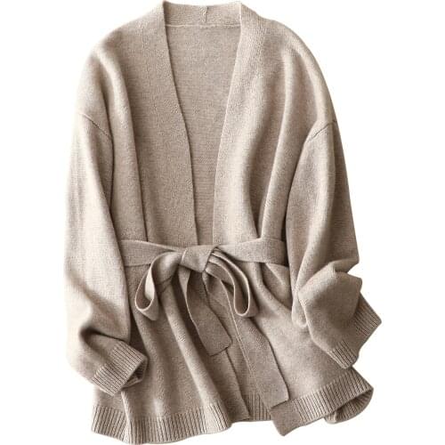 Fall 2020 Women Kimono Cardigan England Style Lace Up V-Neck Belt Solid Cardigan Women Knitting Sweters for Women