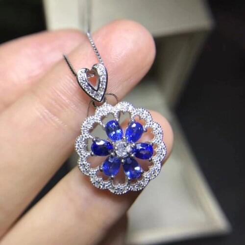 Natural blue sapphire gem Elegant fashion Flower Pendant necklace S925 silver Natural gemstone necklace women girl gift jewelery