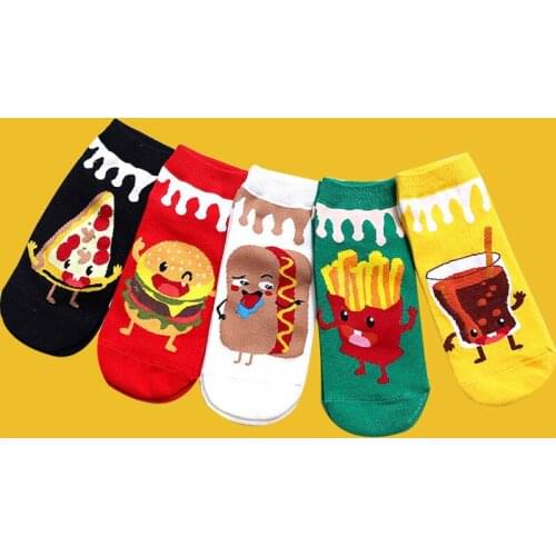 10 Pieces=5 Pairs Cartoon Socks Men Women Hamburger Fries Pizza Cola Funny Character Boat Socks Novel Happy Funny Cotton Socks