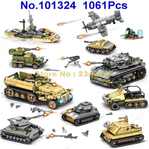 101324 1061pcs 24 Changes Military Fighter Tank Plane Warship Armoured Vehicle Weapon Army Ww2 8 Building Blocks Toy