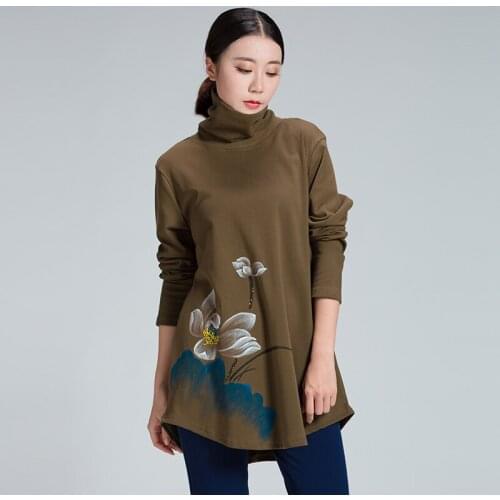 2017Women Autumn winter warm t shirt loose fit Chinese style Hand Painted turtleneck fleece tees 3 color Oversize tops XL-XXXXXL