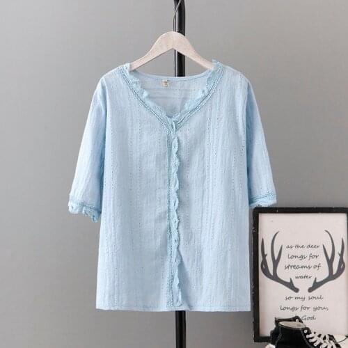 Cotton Casual Sexy Ruffles Short Sleeve Plus Size Shirts Women Floral Embroidery Loose Summer All-Match Blouse Ladies 2021 New