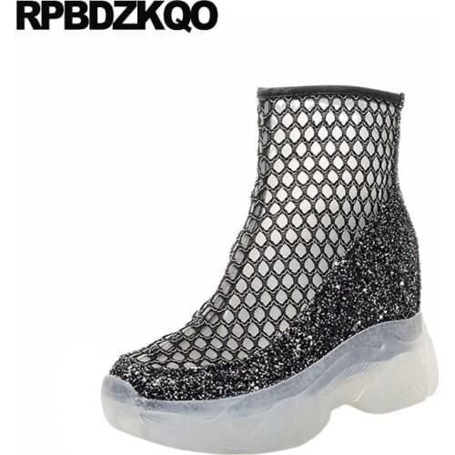 Black Casual High Heel Mesh Sandals White Women Platform Boots Sneakers Transparent Cut Out Clear Shoes Wedge Sequin Glitter