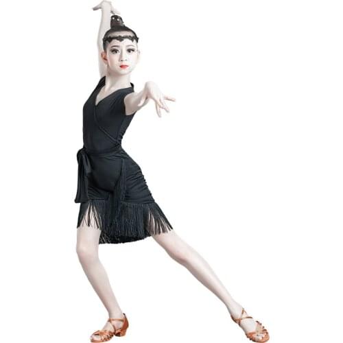 2020 New Kids Child Girls Latin Dance Dress Fringe Latin Dance Clothes Salsa Costume Black Red Ballroom Tango Dresses For Sale