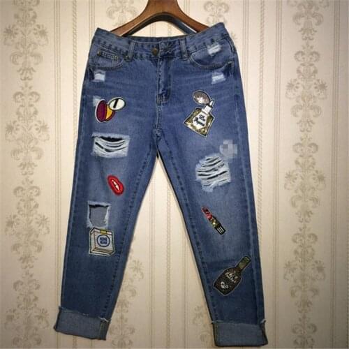 Spring autumn personality hole sequins jeans women patch fashion slim casual denim pants