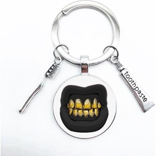 Hip-hop Round Keychain, Black Mouth and Gold Teeth, Toothpaste, Toothbrush Pendant Key Ring Stylish Personality Gift