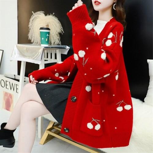 Autumn Fashion Cherries Embroidery Mid-length Cardigans Women V-Neck Bat sleeve Pocket Knitting Sweater Coat Loose Ladies Tops