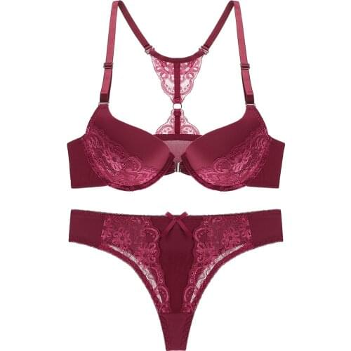 Women' Sexy Floral Lace Front Closure Brassiere Y-line Straps Bra Thong Sets Comfortable Girls Push up Underwear Set