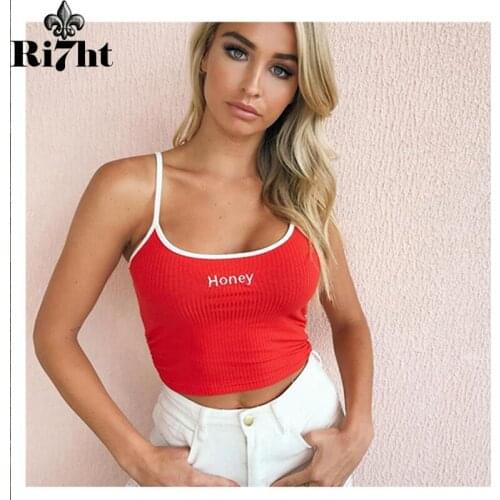 Sexy Women Crop Top 2021 Summer Honey Letter Embroidery Strap Tank Tops Cropped Feminino Ladies Elastic Shirt Vest Camisole
