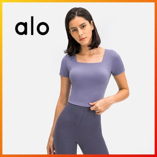 Alo Yoga 2021 Summer New Womens Short-sleeve Sexy U-shaped Neckline Crop Top Leisure Fitness Sports Running Elasticity Top