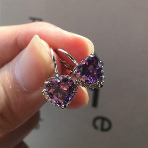 Cute Female Small Heart Earrings Boho Silver Color Clip Earrings For Women Crystal White Green Yellow Purple Earrings