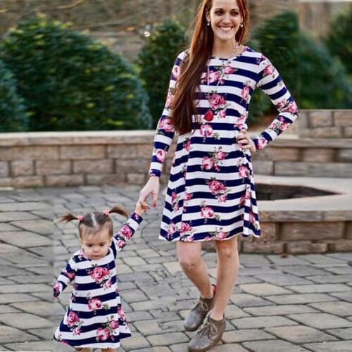 Mother Daughter Dresses Floral Vestidos Mother And Daughter Clothes Striped Long Sleeve Dress Family Look Girls Causal Dress