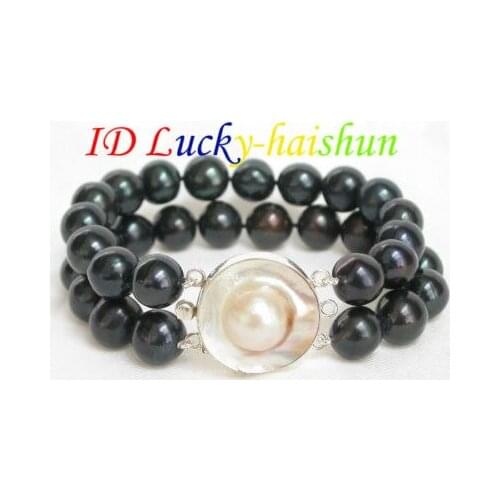 Selling Jewelry>>> Genuine 8" 2row 12mm round black pearl bracelet Mabe 925s clasp j6746