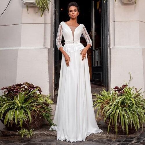 Chiffon 3/4 Sleeve Wedding Dresses 2021 A-Line V-Neck Lace Appliques Floor Length Tassel Boho White Bridal Gown Open Back