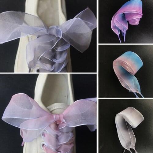 1Pair 110CM Organza Shoelaces Women Bow Shoe strings Sneakers Sport Shoes Lace Flat Wide Gradient Color Translucent Shoelaces