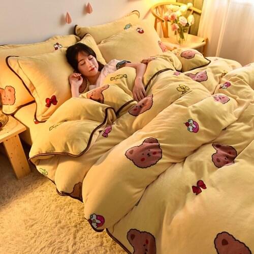 Winter Warm Flannel 3/4pcs Bedding Set Milk Velvet Quilt Duvet Cover Cartoon Thickened Snow Fleece Bed Sheet Pillowcase Sets